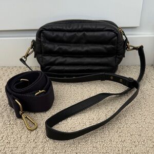 Madewell transport, camera bag, black, quilted, leather, and woman’s strap